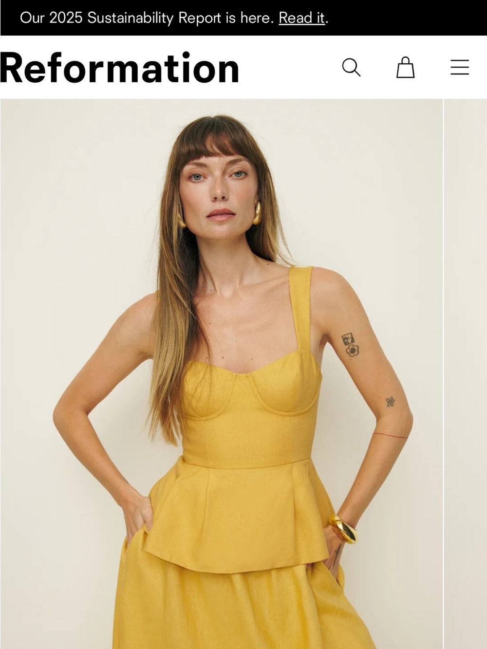 Reformation Golden Yellow Peplum Bustier Top